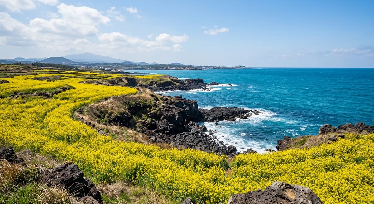 제주 애월 해안 봄 유채꽃과 바다 풍경